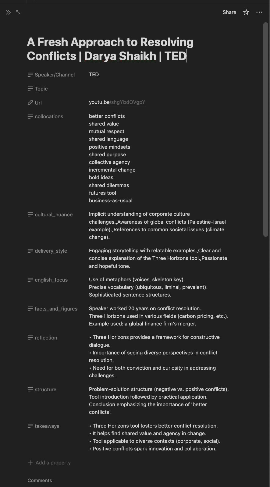 Notion page with segmented categories filled