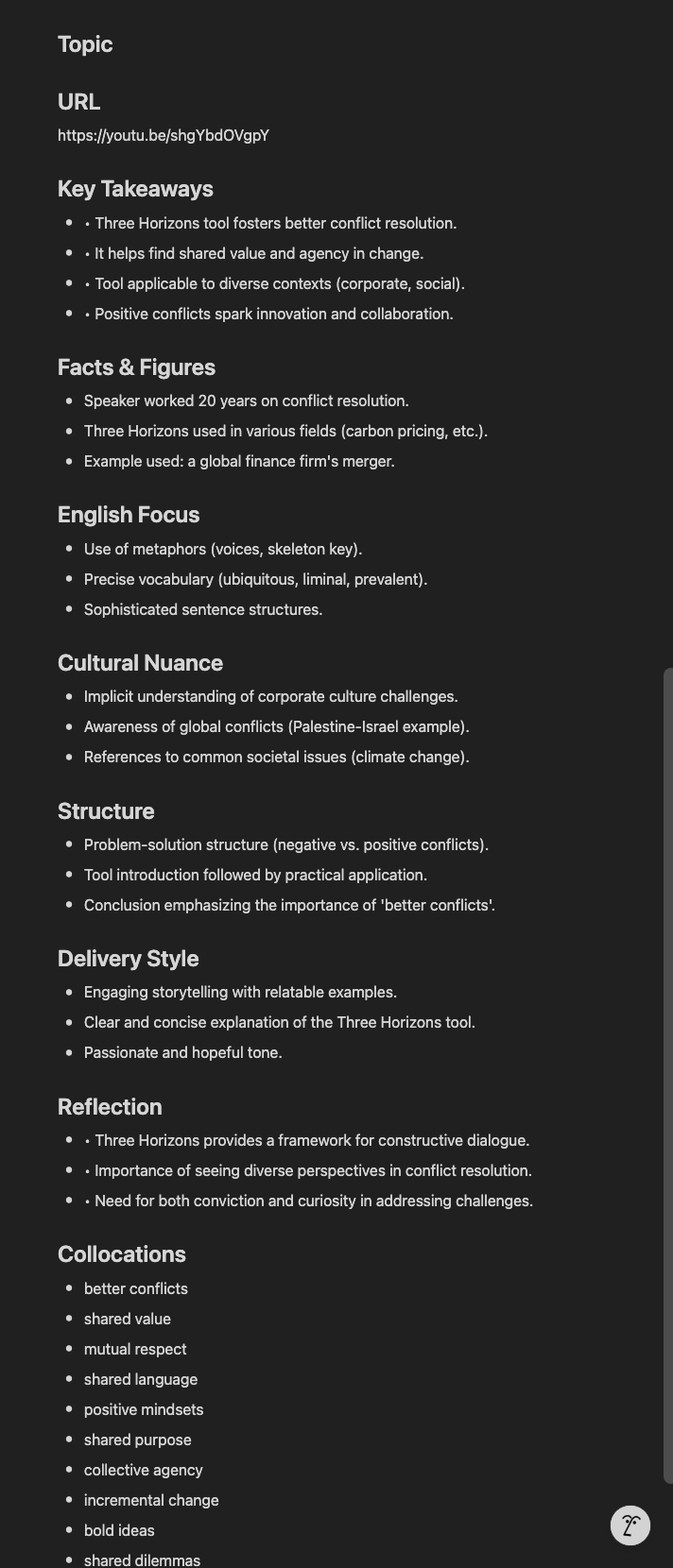 Notion page body containing full transcript and summary