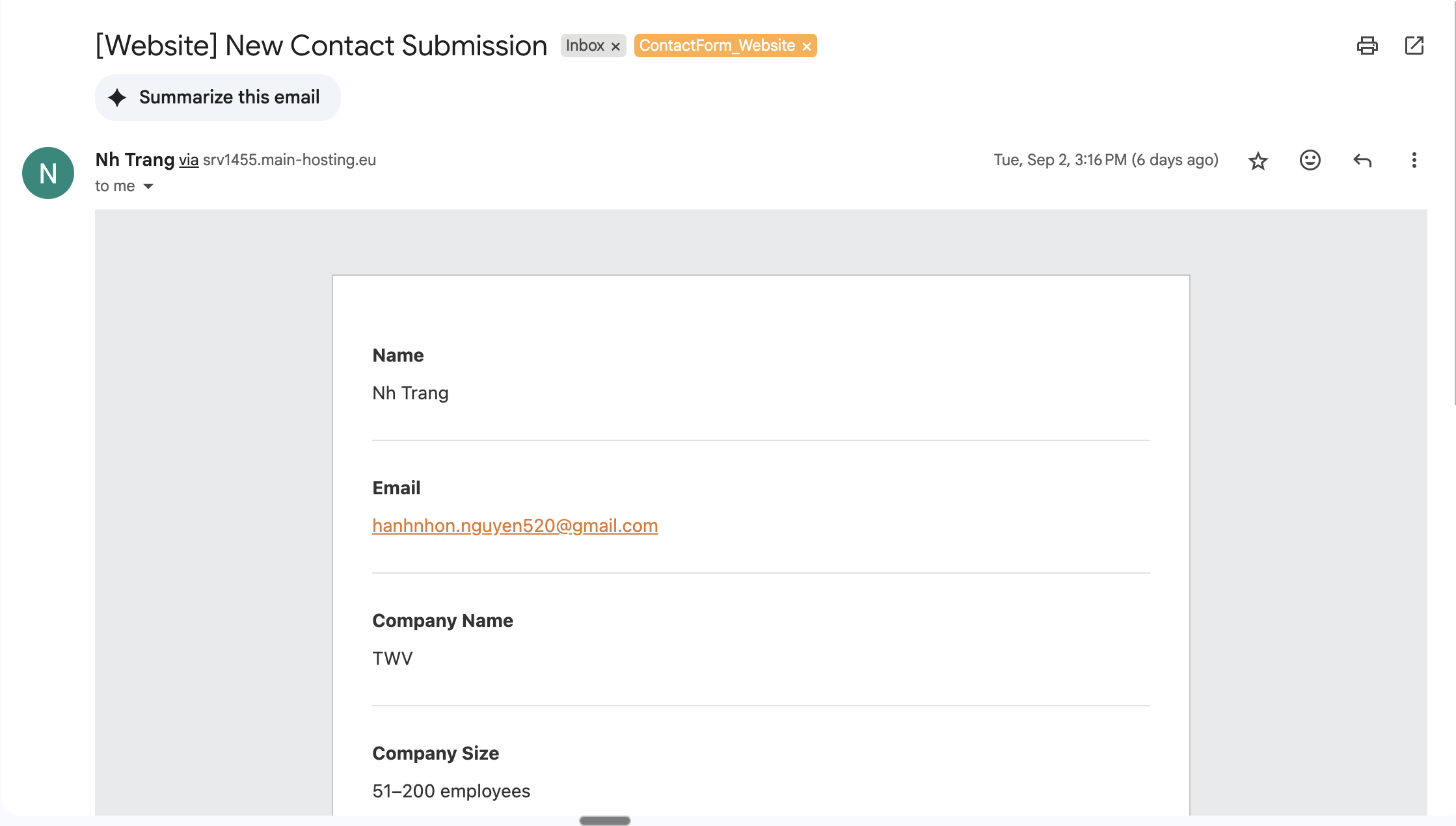 Email received from WordPress contact form