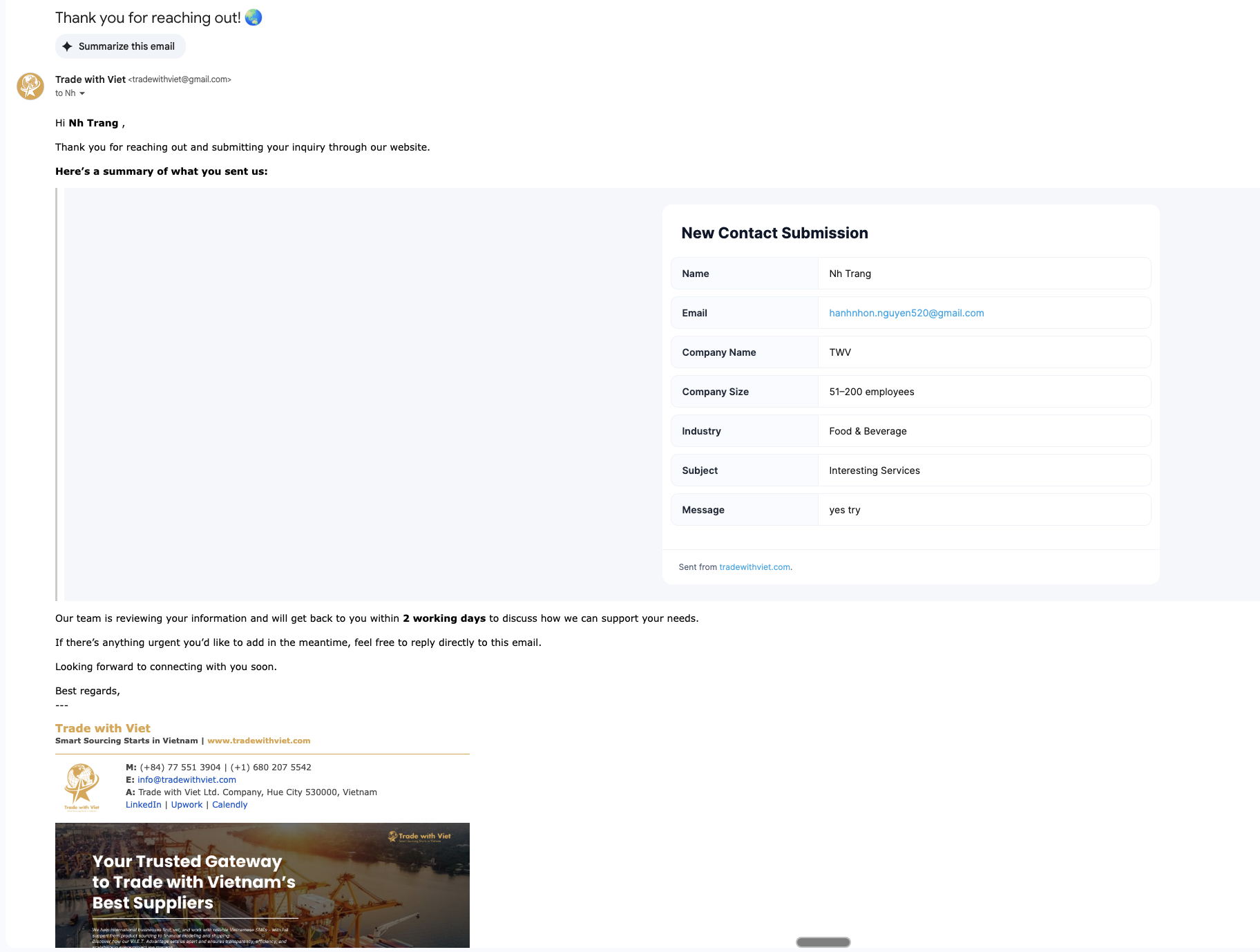 Automated follow-up email to the user
