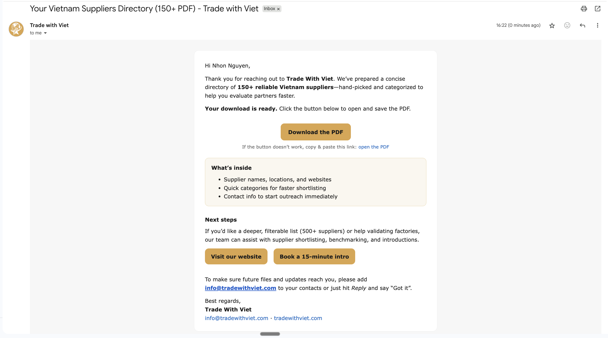 Lead magnet confirmation email with download